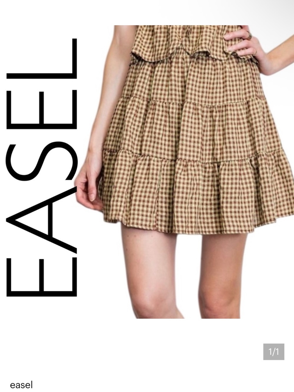easel Brown Gingham Tiered Skater Mini Skirt